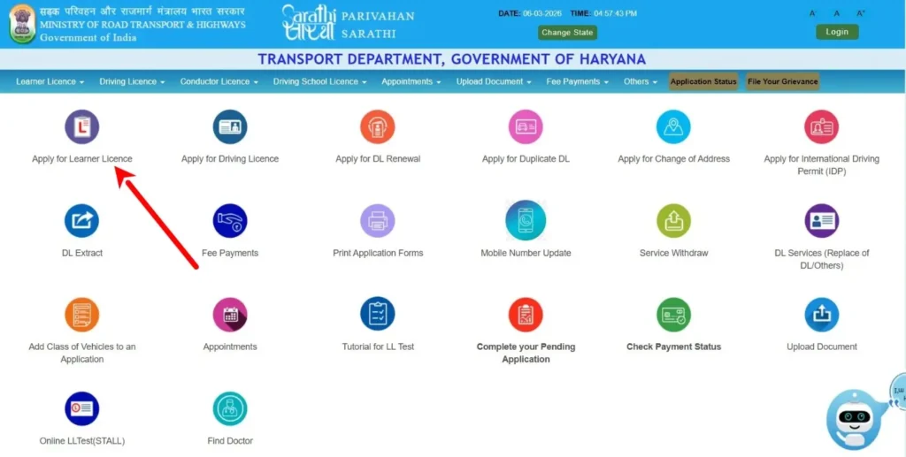 image showing through an arrow that click on "Apply for Learner License."